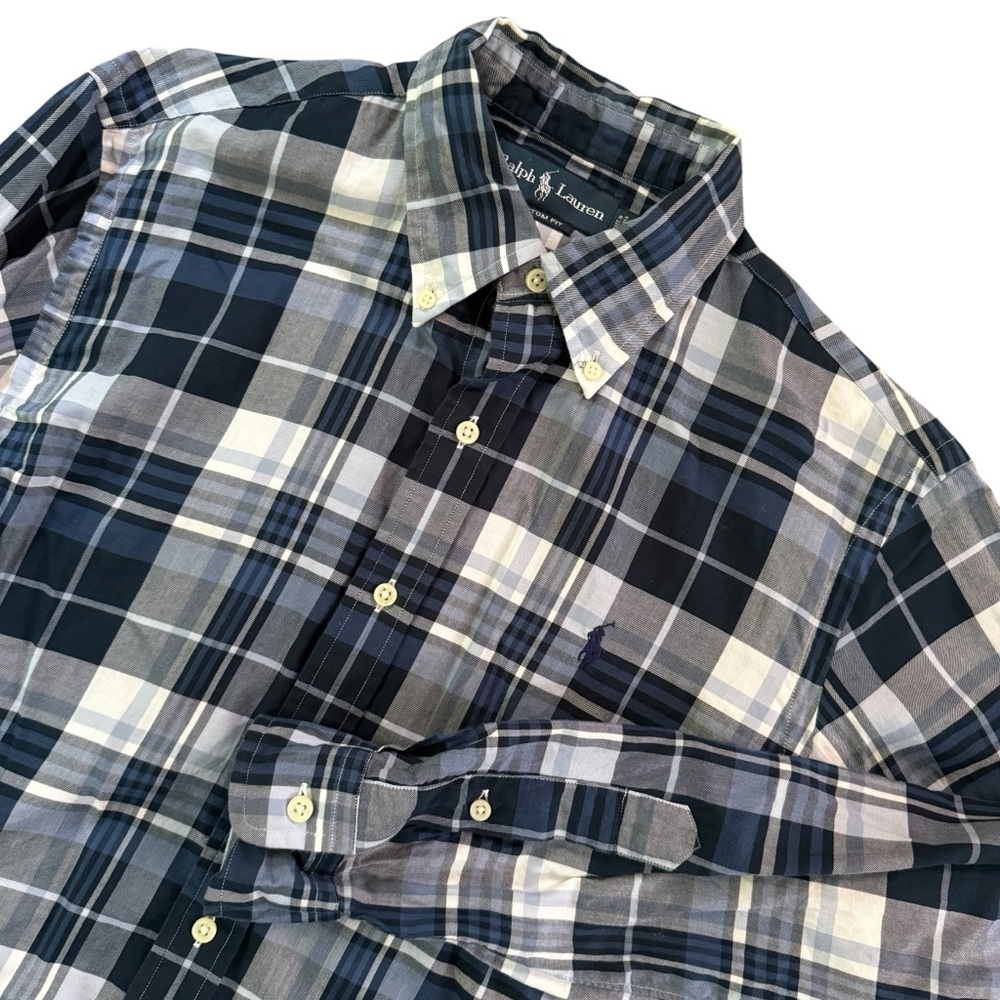 VTG Ralph Lauren Blue White Plaid Button Up Shirt Men Medium Long Sleeve Pony